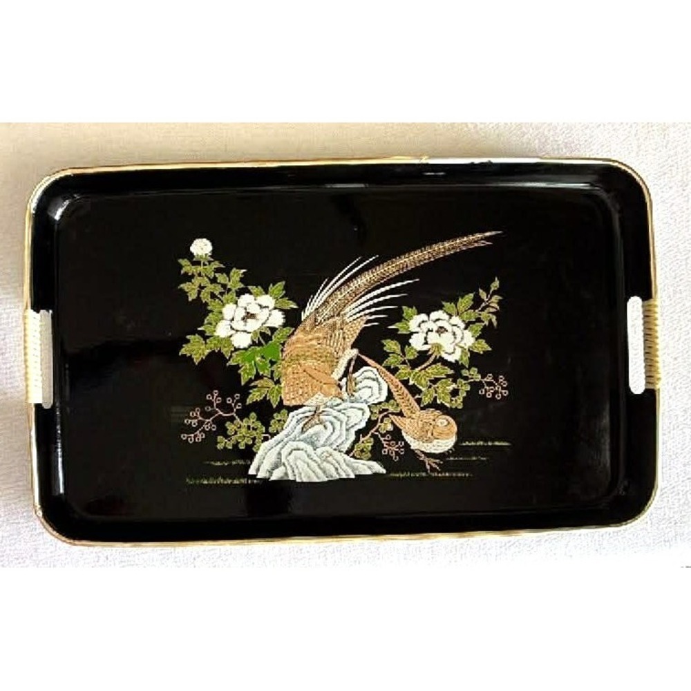 Vintage Lacquer Tray 18.75in Black Pheasant MCM Elegant Entertaining
